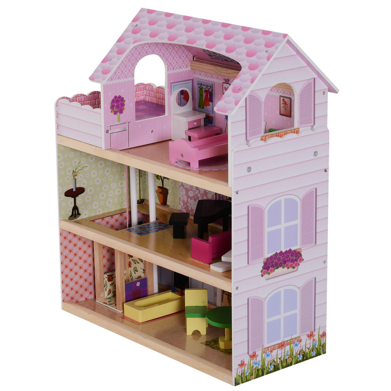 Casa delle Bambole per Bambini a 3 Piani con Ascensore Rosa 60x30x71.5 cm 