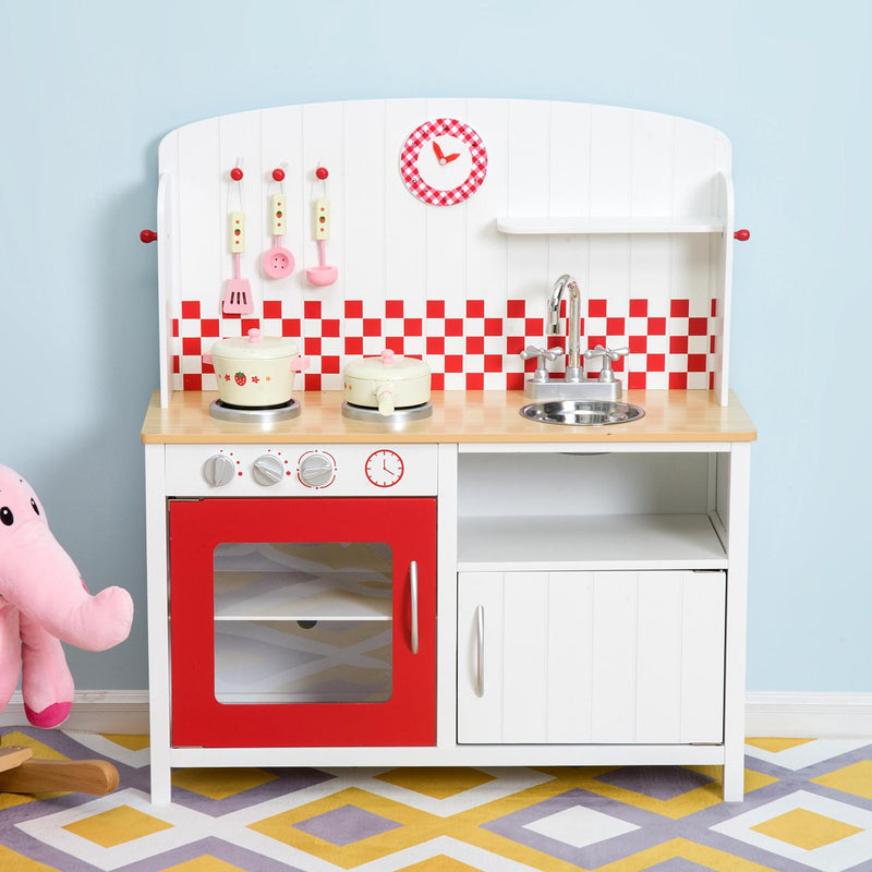 Cucina Giocattolo per Bambini con Accessori in Legno Bianco e Rosso 70x30x88 cm 