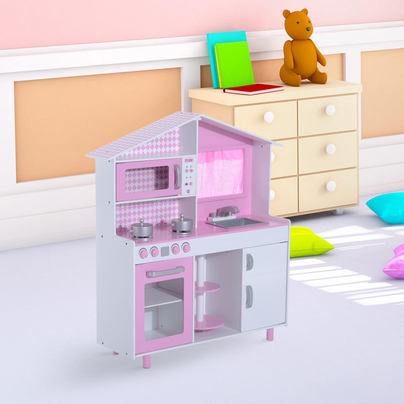 Cucina Giocattolo per Bambini con Accessori in Legno Rosa 110x32.5x99.5 cm 