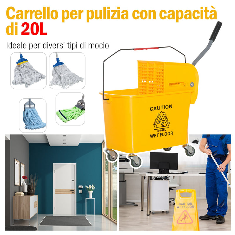 Carrello Pulizie Secchio 20L con Separatore Acqua e Strizzatore Rimovibile 60x27x70.5 cm 