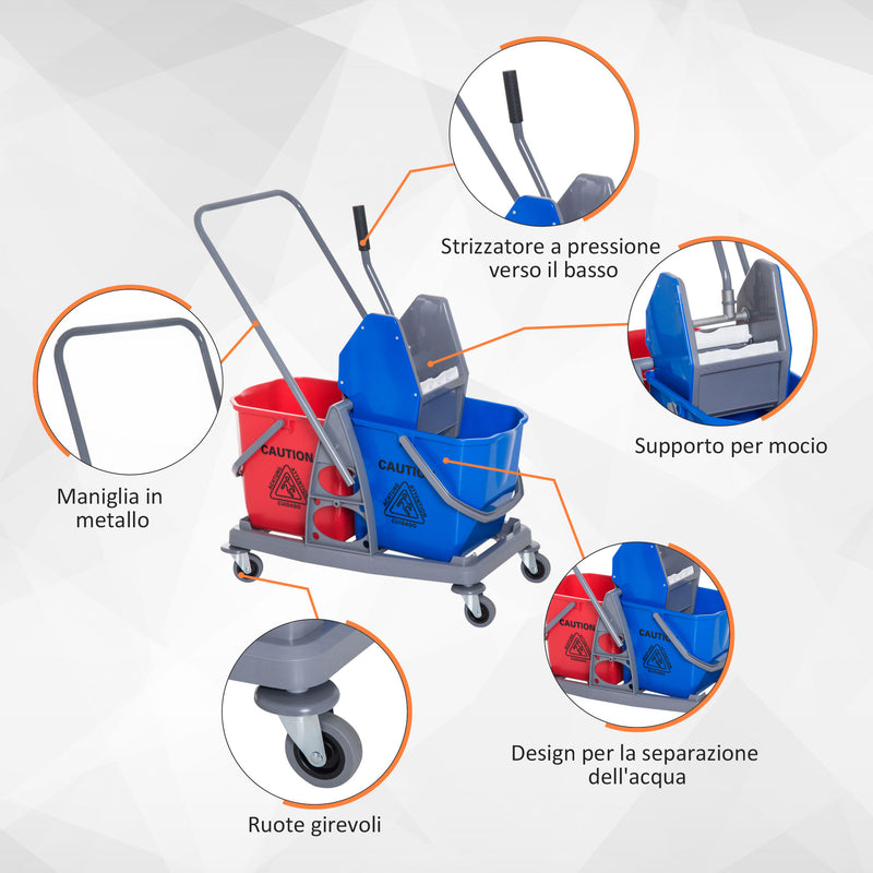 Carrello Pulizie Professionale con Strizzatore e 2 Secchi Blu e Rosso 