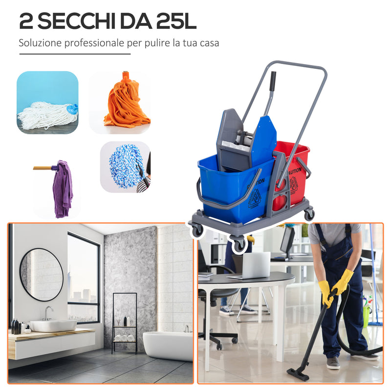 Carrello Pulizie Professionale con Strizzatore e 2 Secchi Blu e Rosso 