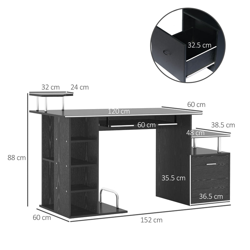 Scrivania Porta PC Moderna Tavolo da Ufficio con Ripiani Tastiera Scorrevole 152x60x88 cm Nero 