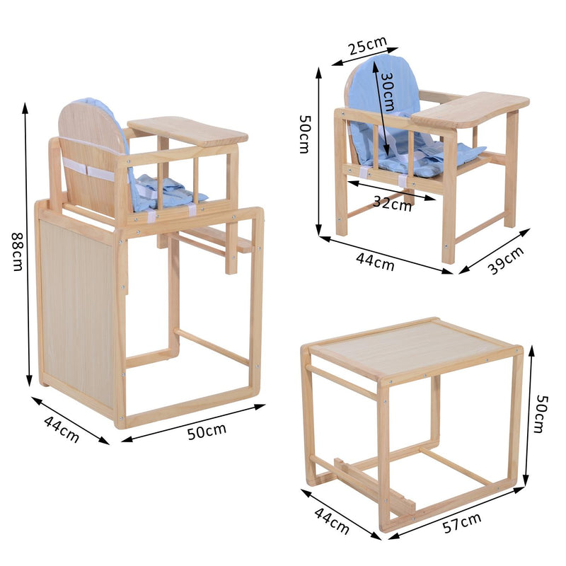 Seggiolone Multifunzione per Bambini in Legno di Pino Azzurro 50x44x88 cm 