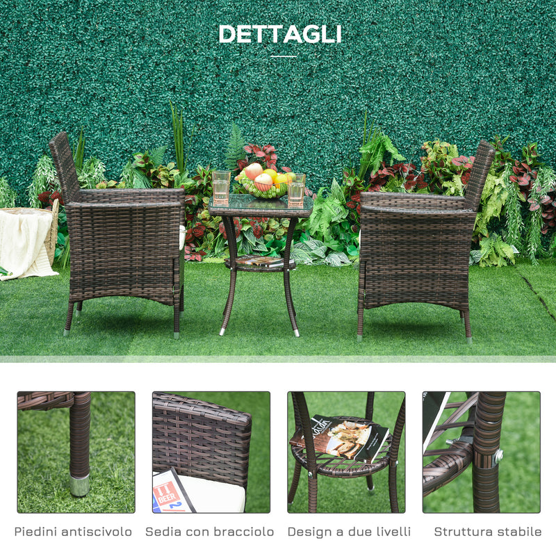 Set Salotto da Giardino in Rattan Sintetico 2 Poltrone e Tavolino Marrone 