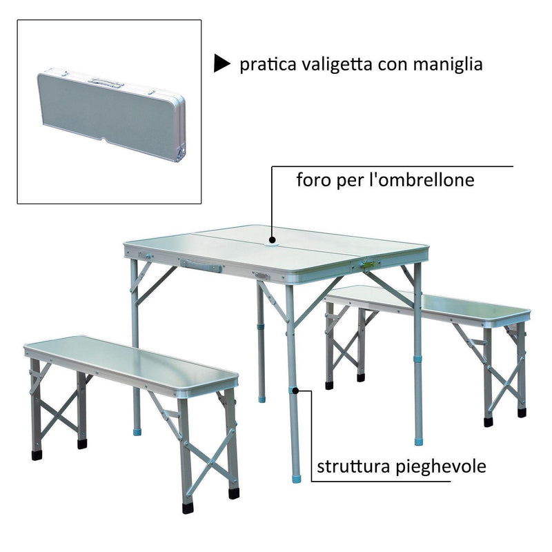 Set Tavolo da Campeggio Picnic 2 Panche Pieghevole in Alluminio Argento 