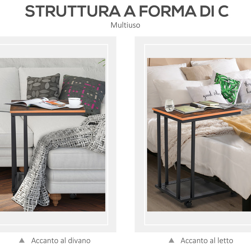 Tavolino Angolare per Divano e Letto con 4 Rotelle in Legno Stile Industrial 51x36x61 cm 