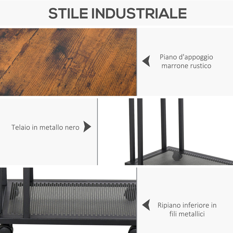 Tavolino Angolare per Divano e Letto con 4 Rotelle in Legno Stile Industrial 51x36x61 cm 