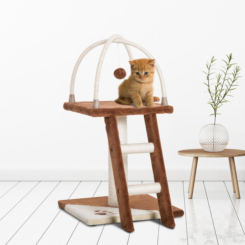 Albero Tiragraffi per Gatti con Scala e Palline in Legno Sisal Marrone e bianco 40x40x70 cm 