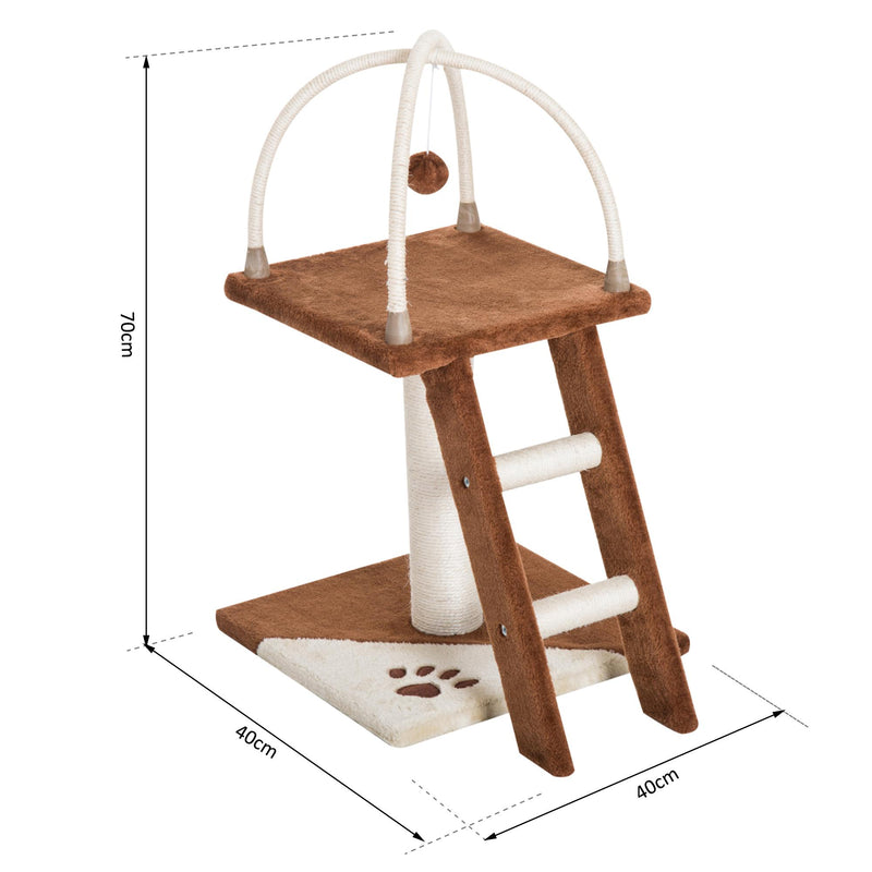 Albero Tiragraffi per Gatti con Scala e Palline in Legno Sisal Marrone e bianco 40x40x70 cm 