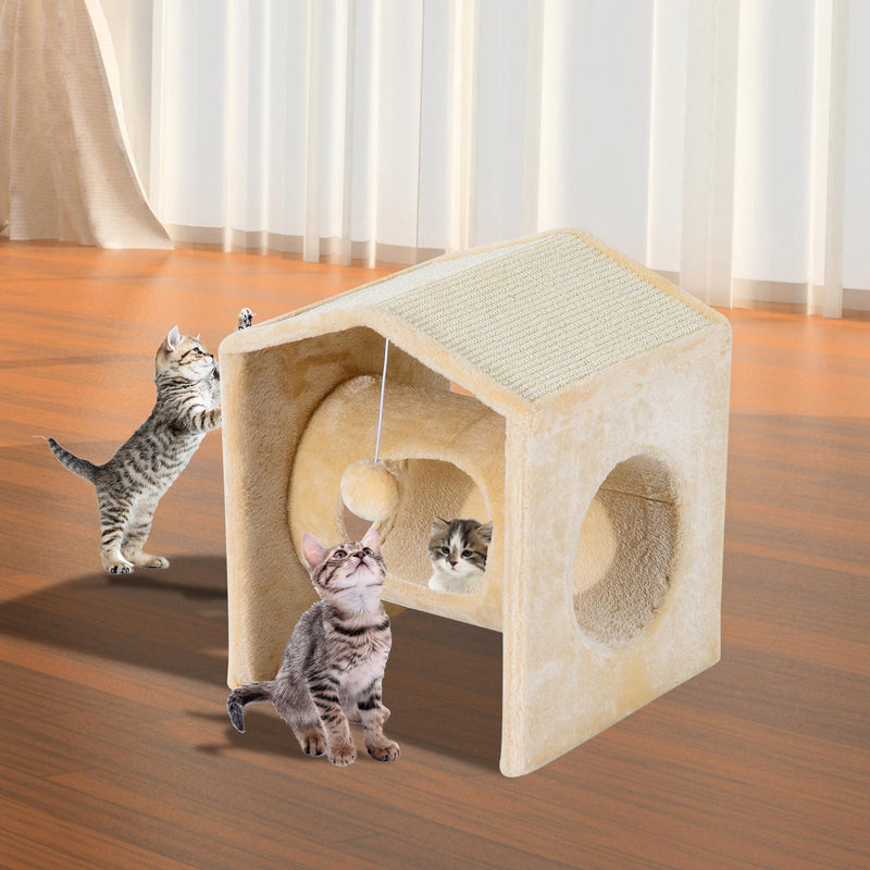 Cuccia Tiragraffi per Gatti Giocattolo con 3 Buchi e Pallina in Peluche e Sisal 36x35x43 cm 