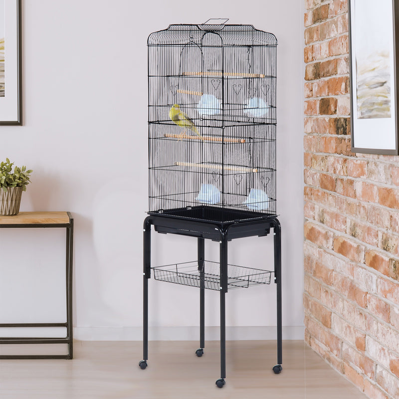 Voliera Gabbia per Uccelli con Ruote in Metallo Nero 47.5x37x153 cm 