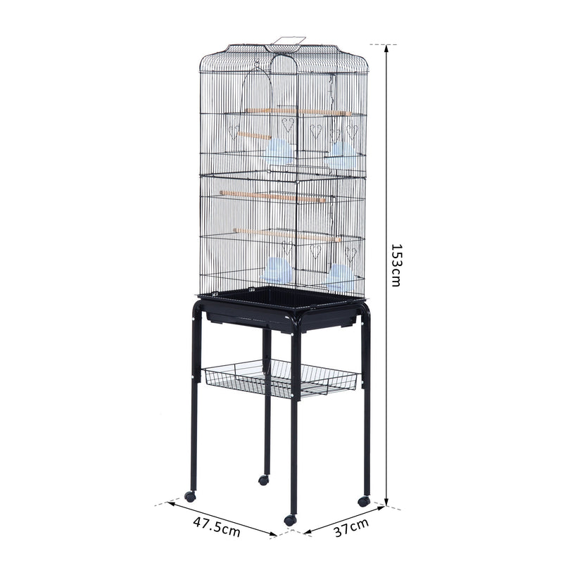 Voliera Gabbia per Uccelli con Ruote in Metallo Nero 47.5x37x153 cm 