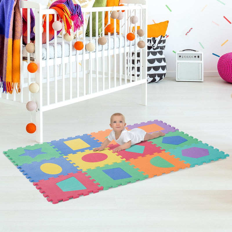 Tappeto per Bambini Puzzle Forme Geometriche 12 Tessere 31x31 cm Colorato 