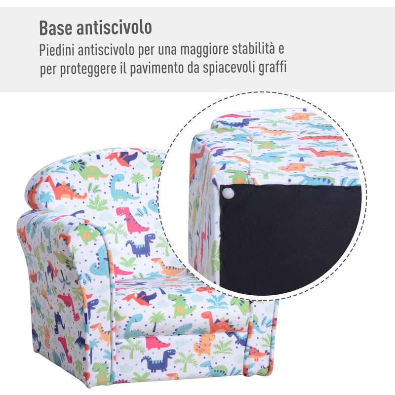Poltroncina Mini per Bambini con Dinosauri Colorati  Bianca