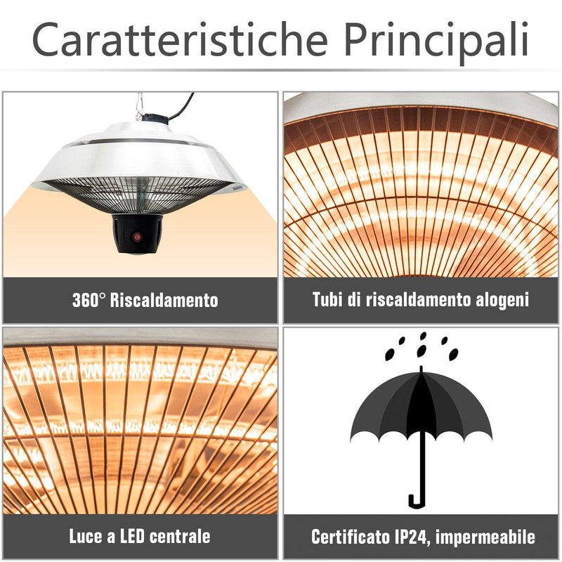 Stufa da Esterno Lampada Riscaldante Elettrica a Sospensione 1500W con Telecomando 