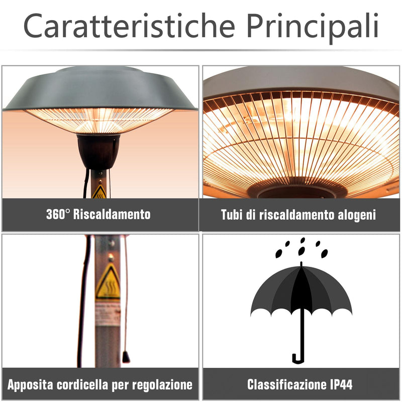 Stufa da Esterno Fungo Riscaldante Elettrico 1500W Impermeabile in Alluminio 200 cm 