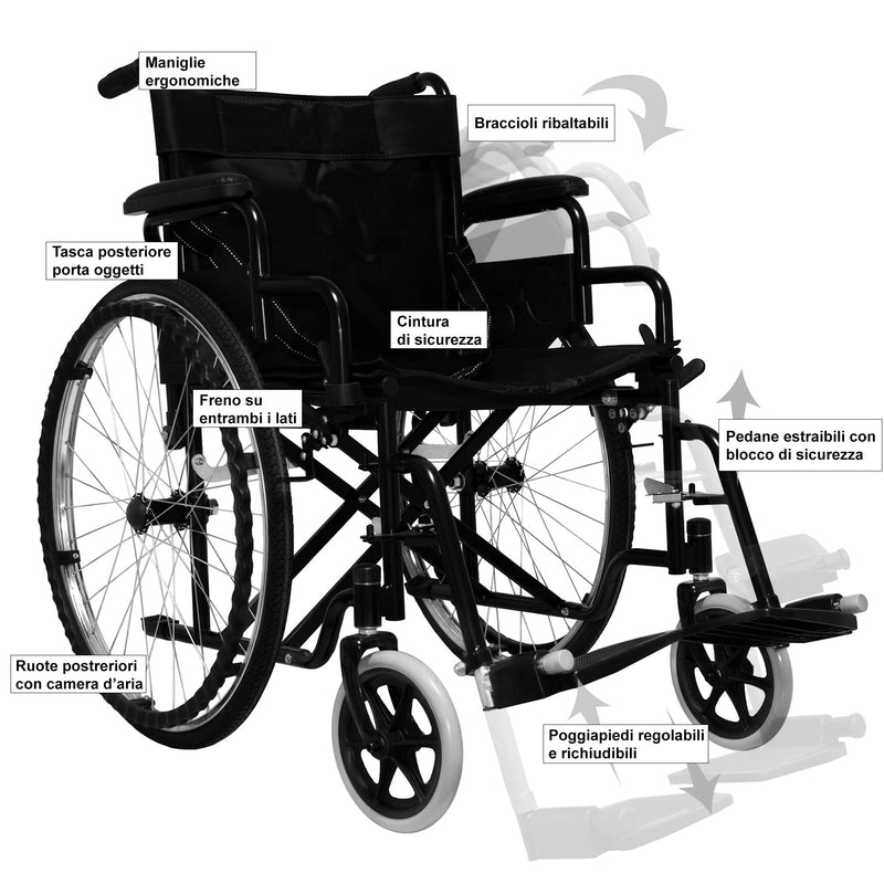 Sedia a Rotelle Pieghevole ad Auto Spinta in Acciaio Rizzetti Nera