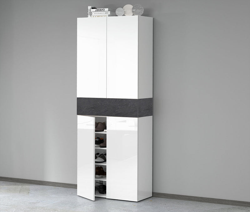 Armadio Scarpiera 4 Ante e 1 Ripiano a Ribalta 76x35x200 cm Savona 4A 1R Bianco Opaco/Grigio Ardesia  