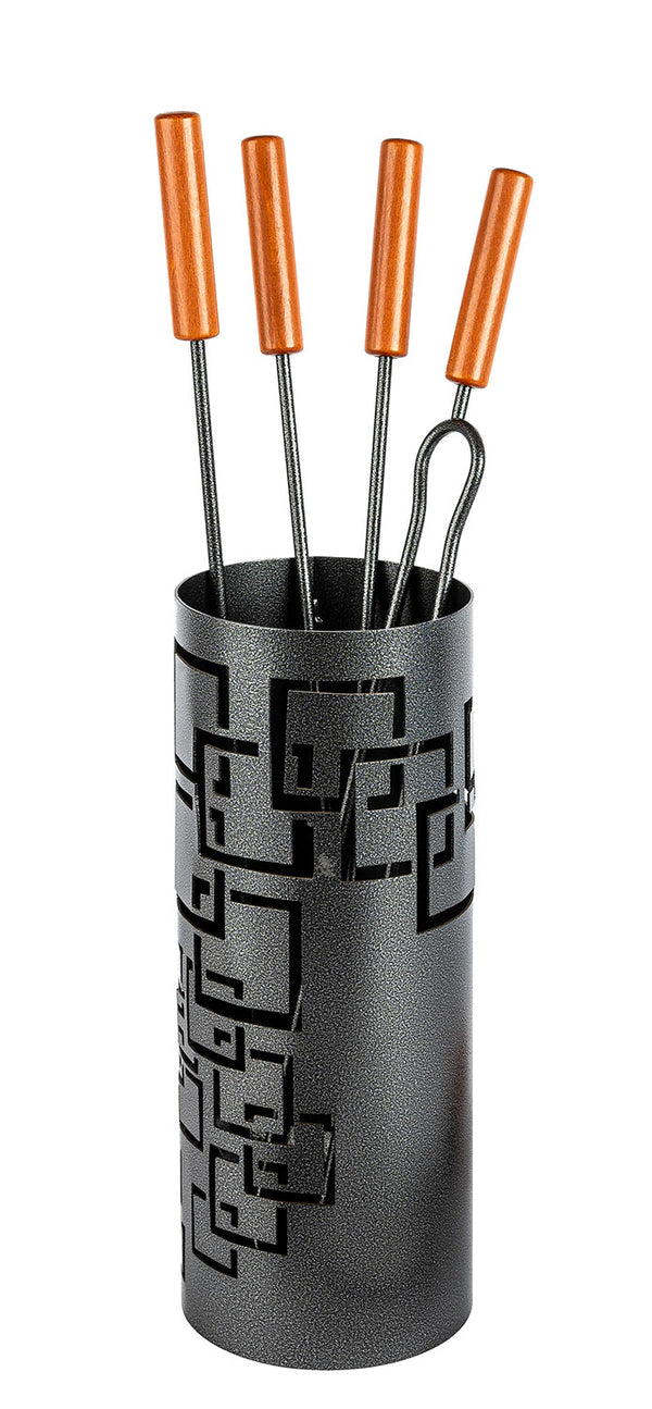 Trespolo per Attrezzi Camino Cilindrico Sagoma Quadrati con Paletta Scopino Attizzino e Pinza Ø15,2x62 cm in Ferro Verniciato Grigio Martellato prezzo