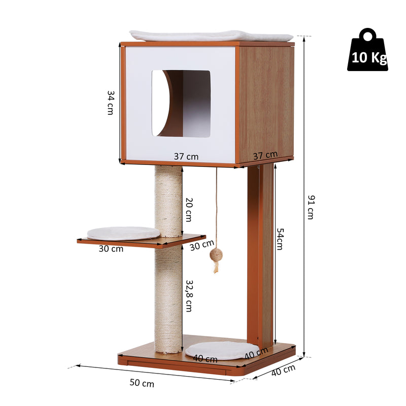 Albero Tiragraffi per Gatti 3 Livelli 50x40x91 cm in Legno e Sisal 