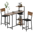Set Bancone Bar Pieghevole e 2 Sgabelli Alti con Portavini e Portacalici Marrone   