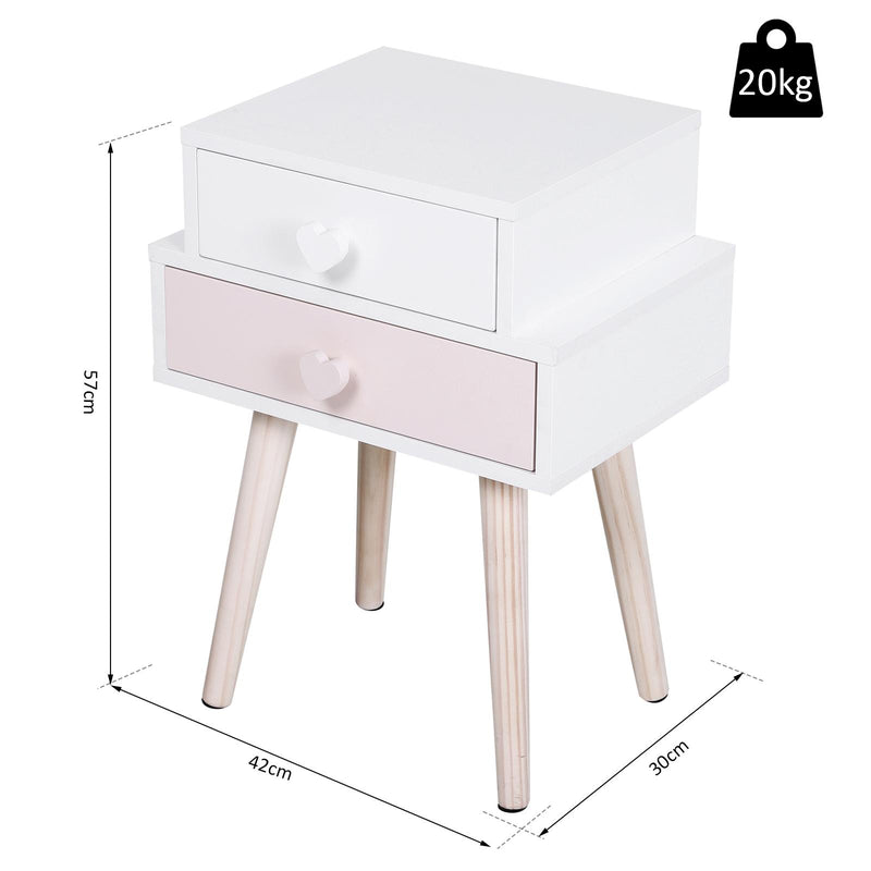Comodino con 2 Cassetti in Legno MDF 42x30x57 cm  Bianco e Rosa