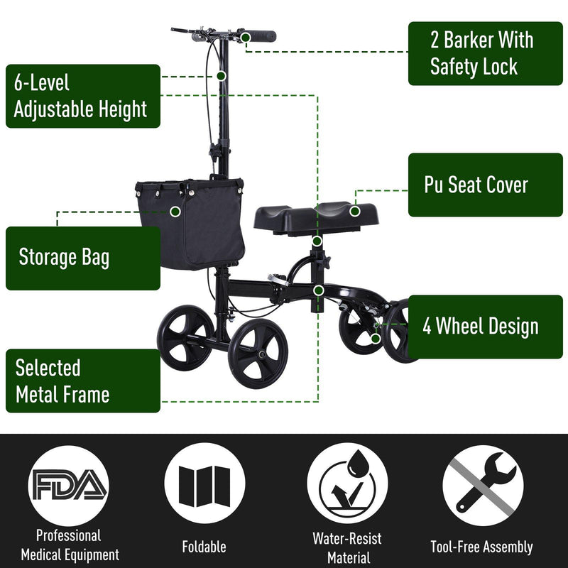 Deambulatore Pieghevole per Ginocchio 4 Ruote  Nero