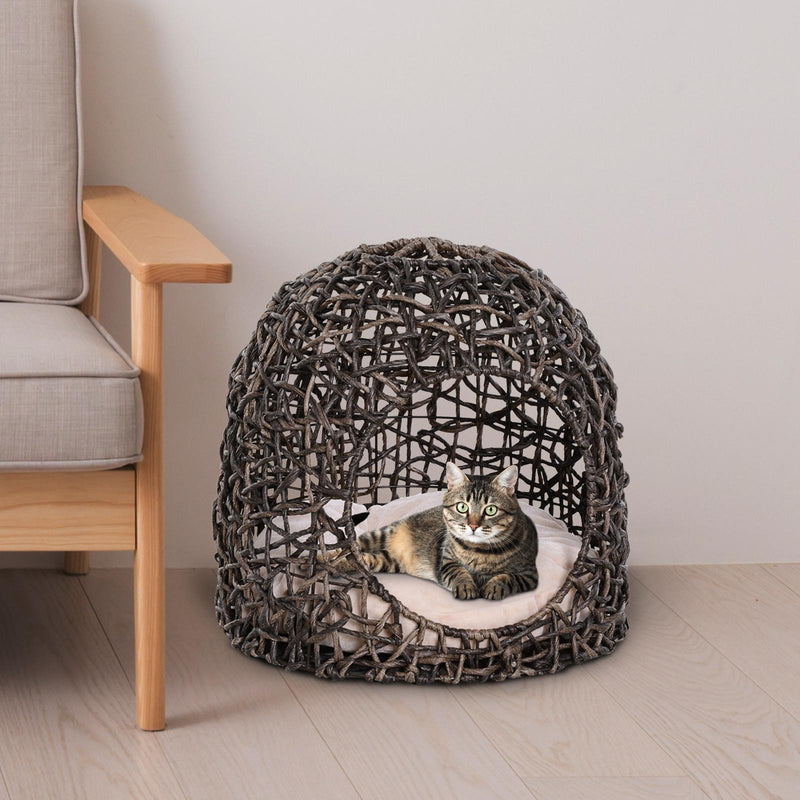 Cuccia in PVC Effetto Vimini per Gatti Ø49x46 cm con Cuscino  Marrone