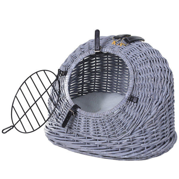 sconto Panier de transport en osier pour chats 42x35x37 cm avec coussin gris