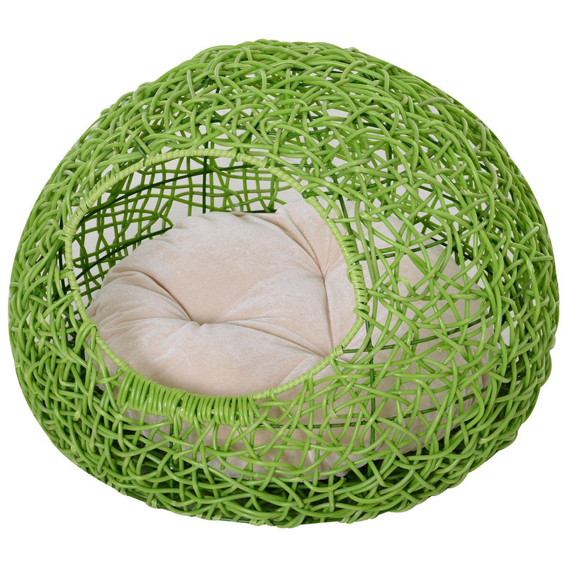 Cuccia in PVC Effetto Rattan per Gatti Ø56x40 cm con Cuscino  Verde