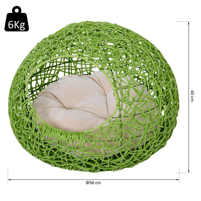 Cuccia in PVC Effetto Rattan per Gatti Ø56x40 cm con Cuscino  Verde
