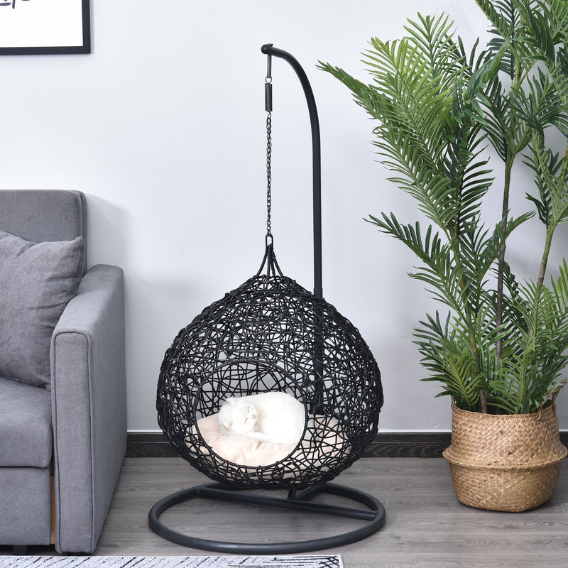 Cuccia Amaca in PVC Effetto Rattan per Gatti Ø60x110 cm con Cuscino  Nera