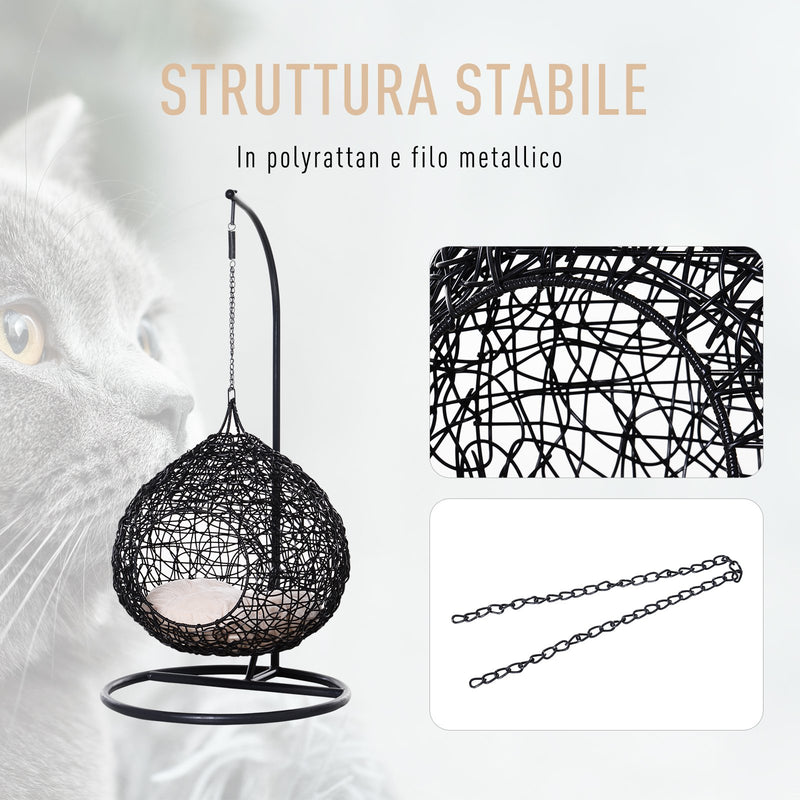 Cuccia Amaca in PVC Effetto Rattan per Gatti Ø60x110 cm con Cuscino  Nera