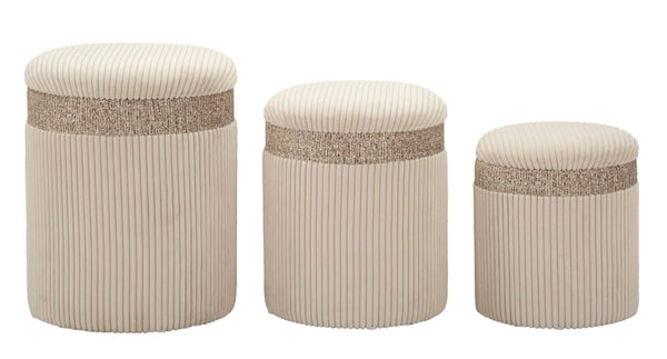 sconto Puff con Contenitore Cortina Crema Set 3 Pz Ø40,5x49,5 cm - Ø35x42 cm - Ø31x38 cm in MDF e Spugna e Poliestere Crema