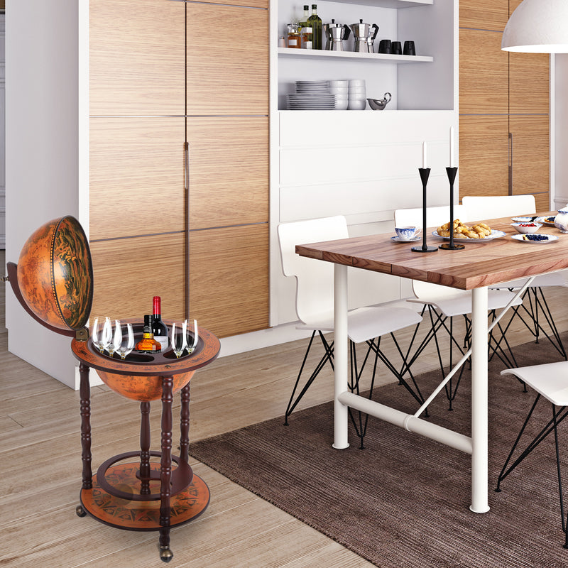 Mobile Portabottiglie Mappamondo Ø44x87 cm in Legno con 3 Ruote  Vintage