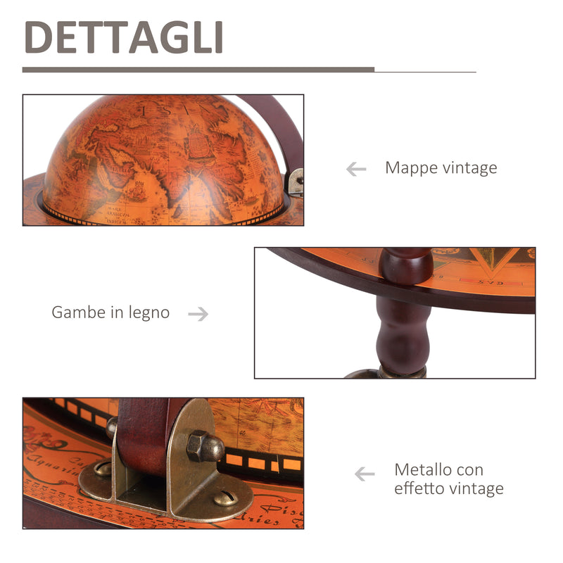 Mobile Portabottiglie Mappamondo Ø44x87 cm in Legno con 3 Ruote  Vintage