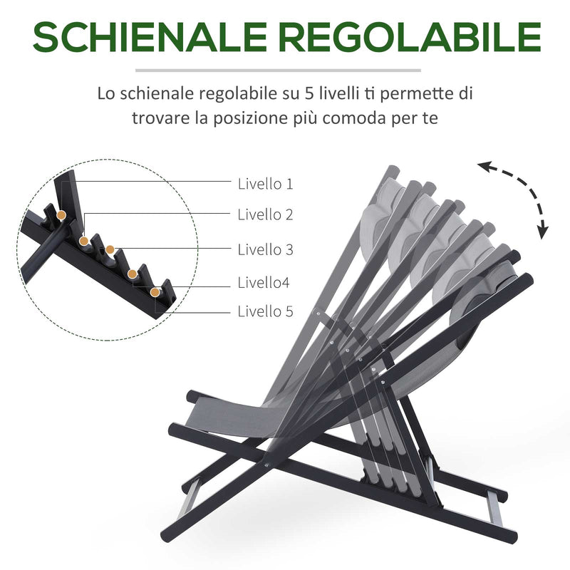 Set 2 Sedie Sdraio Pieghevoli in Alluminio 96,35x58x91,5 cm  Rex Grigio