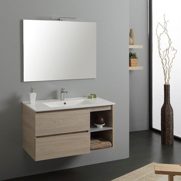 Meuble de Salle de Bain Suspendu 90 cm Lavabo 2 Portes avec Colonne en Chêne Rizzetti Santos et Miroir sconto