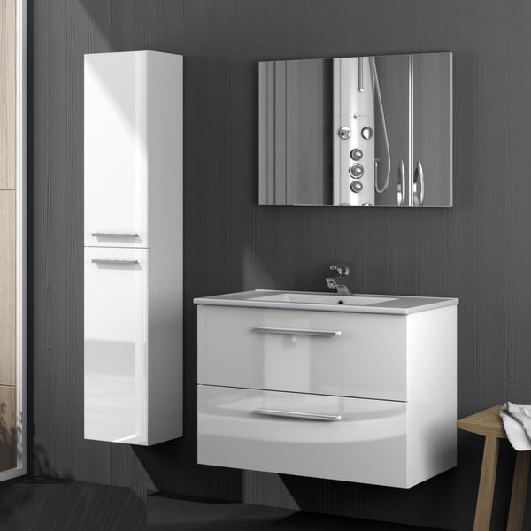 Meuble de Salle de Bain Suspendu Lavabo 80 cm 2 Tiroirs Colonne et Miroir Brillant Rizzetti Dessus Blanc prezzo