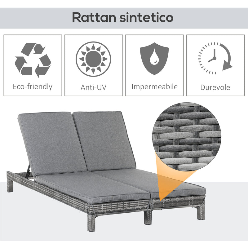 Lettino Prendisole da Giardino Matrimoniale in Rattan  Marrone e Grigio