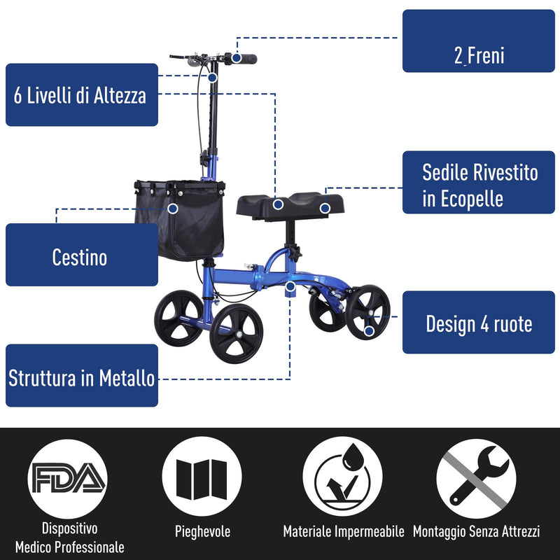 Deambulatore Pieghevole per Ginocchio 4 Ruote  Blu