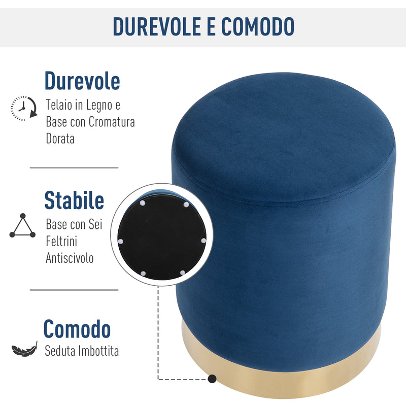 Pouf Poggiapiedi Ø36x42 cm in Velluto  Blu e Oro