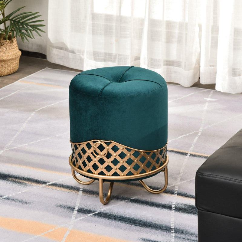 Pouf Imbottito Rotondo in Tessuto Felpato Ø38x43 cm  Verde Smeraldo