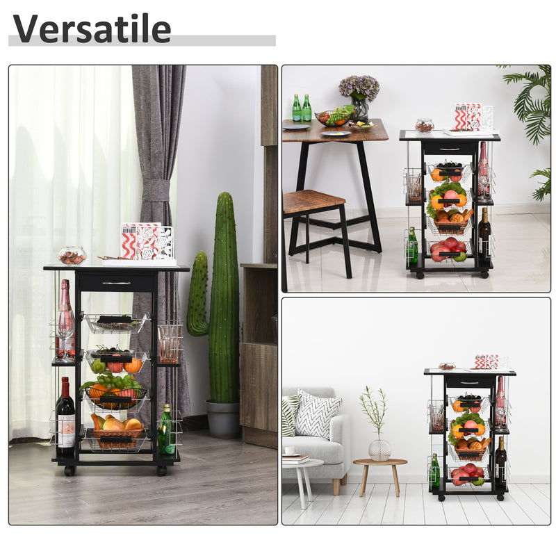 Carrello da Cucina con 4 Cestini e 4 Scomprati in Legno di Pino 57x37x83 cm  Nero