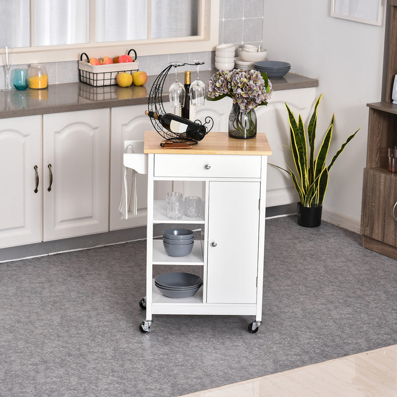 Carrello da Cucina 3 Ripiani Cassetto e 1 Anta in Legno 66x39,5x86,5 cm  Bianco