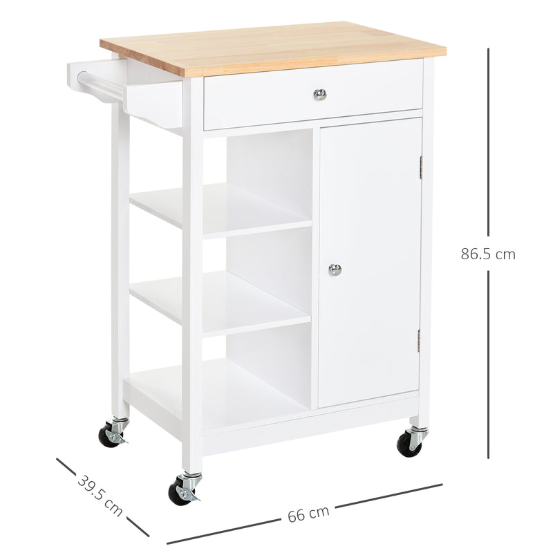 Carrello da Cucina 3 Ripiani Cassetto e 1 Anta in Legno 66x39,5x86,5 cm  Bianco