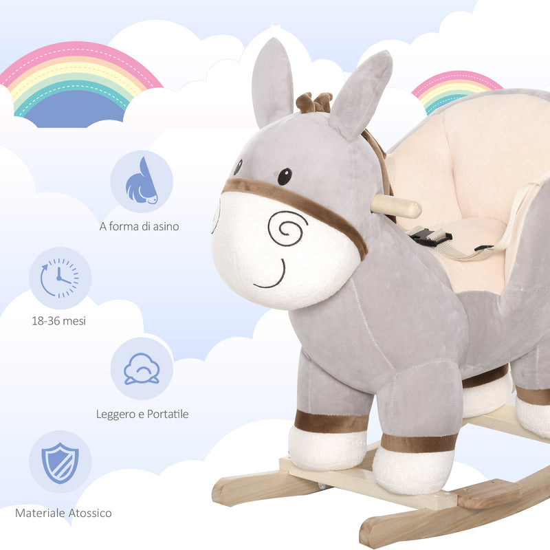Dondolo per Bambini in Legno Asino in Peluche con Suono 