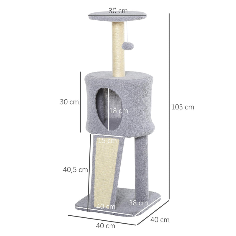 Albero Tiragraffi con Cuccia per Gatti in Legno Sisal 40x40x103 cm  Grigio Chiaro