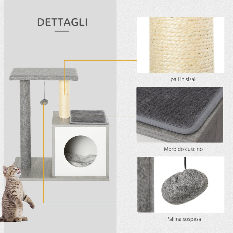 Tiragraffi con Cuccia per Gatti in Legno Sisal 59x39x62 cm  Grigia